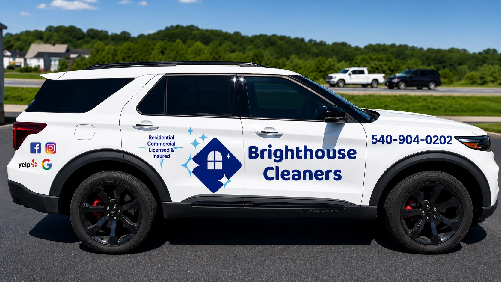Brighthouse Cleaners vehicle with branding and contact information