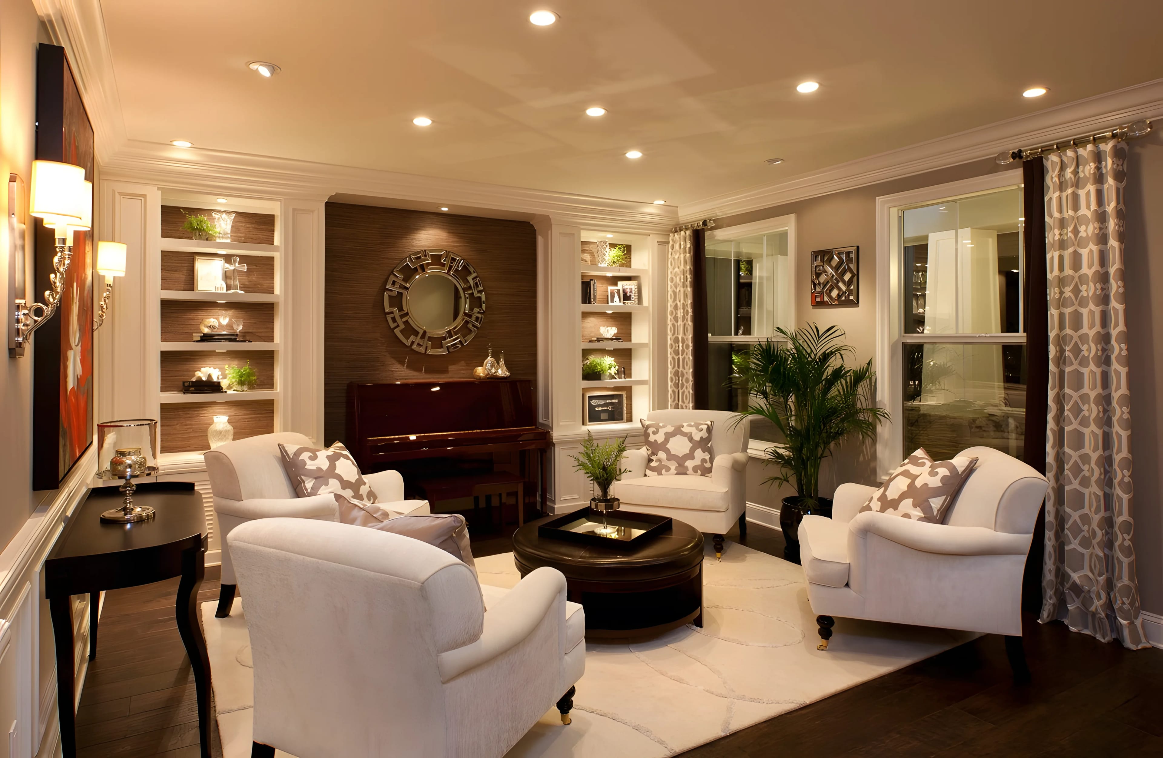 Elegant living room with white furniture and piano
