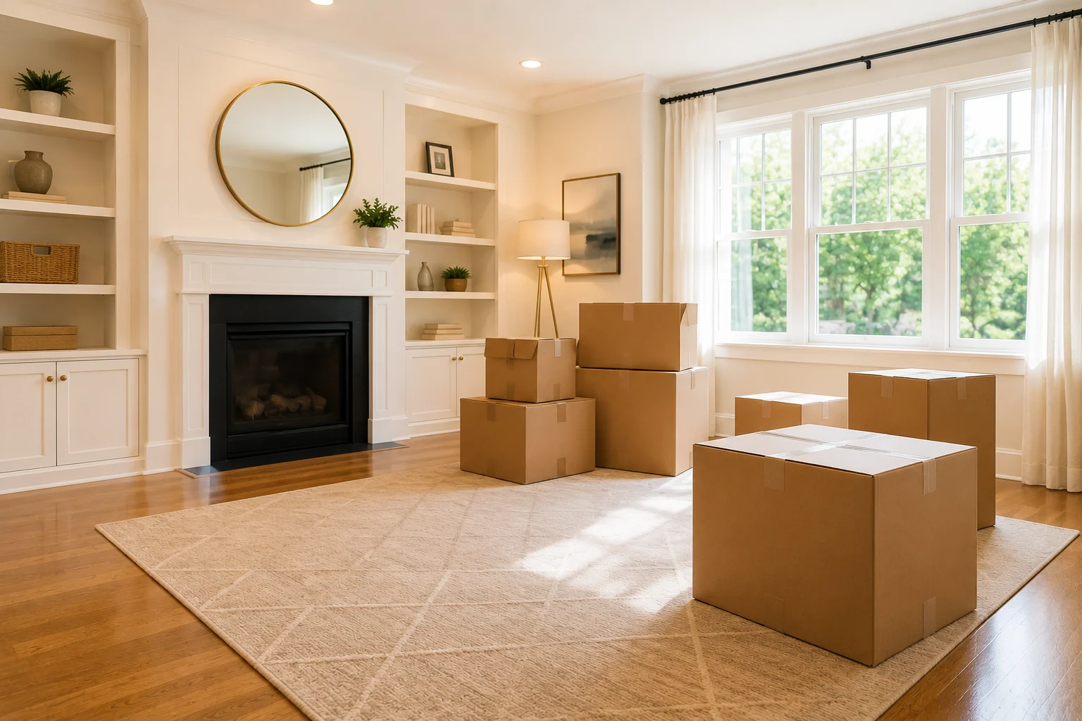 Living room with moving boxes and a fireplace.