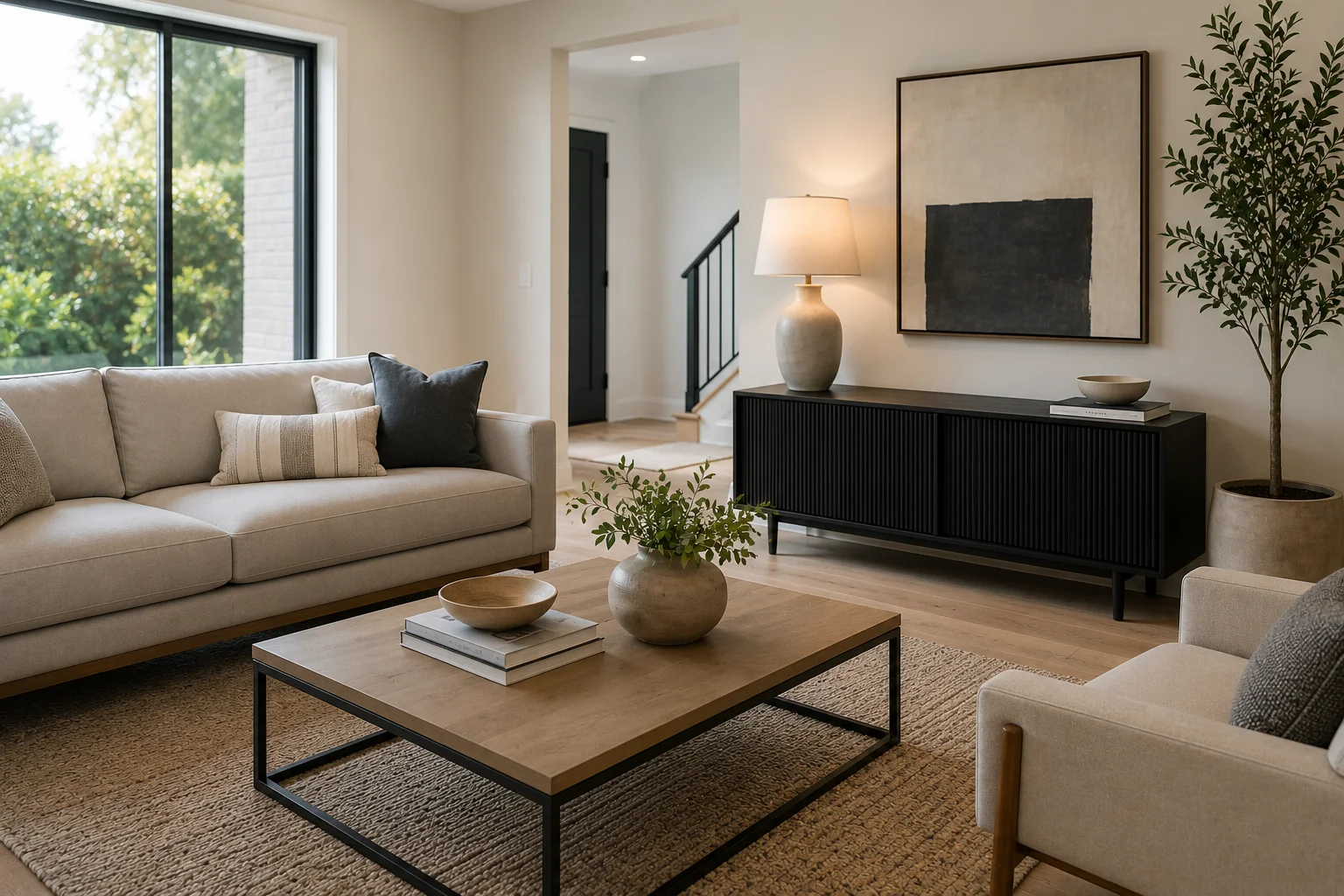 Modern living room with neutral decor and natural light