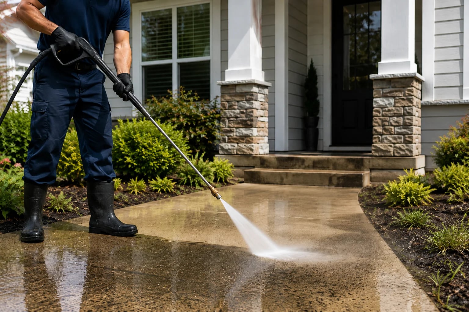Man using power washer on concrete patio at home