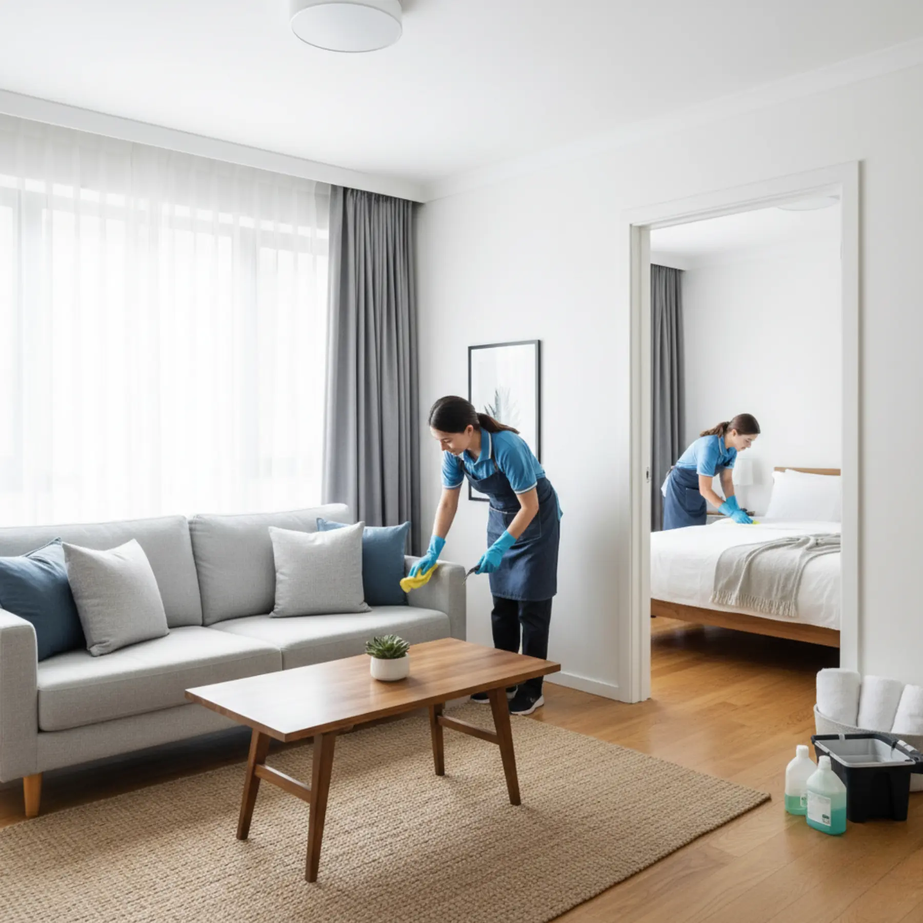 Professional Airbnb cleaning service team meticulously tidying a bright, modern living room and making a bed in the adjacent bedroom, showcasing deep turnover cleaning.