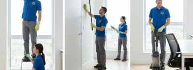 A detailed photo collage of "And More" Office Cleaning services, showcasing cleaning for light fixtures, vents, blinds, and baseboards, as well as wiping doors, disinfecting handles, and organizing storage rooms.
