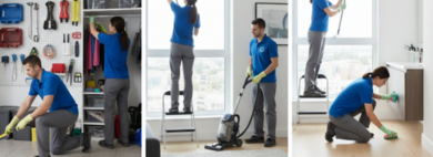 And More residential cleaning services collage: Laundry, Fridge, Baseboards, Garage Cleaning, Oven, Cabinets, Dust Ceiling Fans, and Disinfection services.