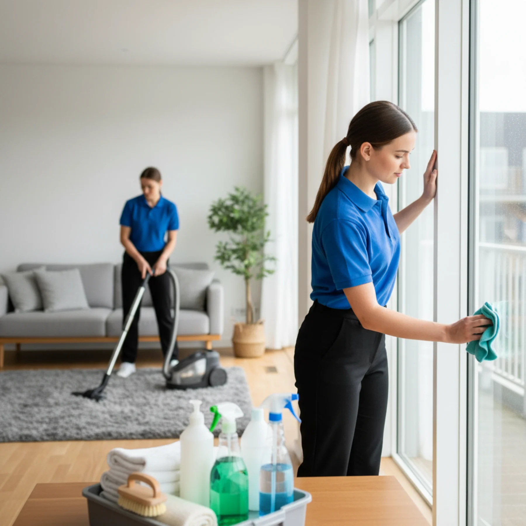 Professional cleaners in uniform using a vacuum and wiping windows during an Apartment Cleaning Service.