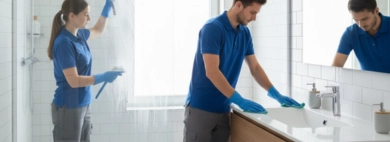 Professional cleaners performing thorough Bathroom, with one person squeegeeing a glass shower door and another wiping down the vanity and sink in a modern, clean bathroom.