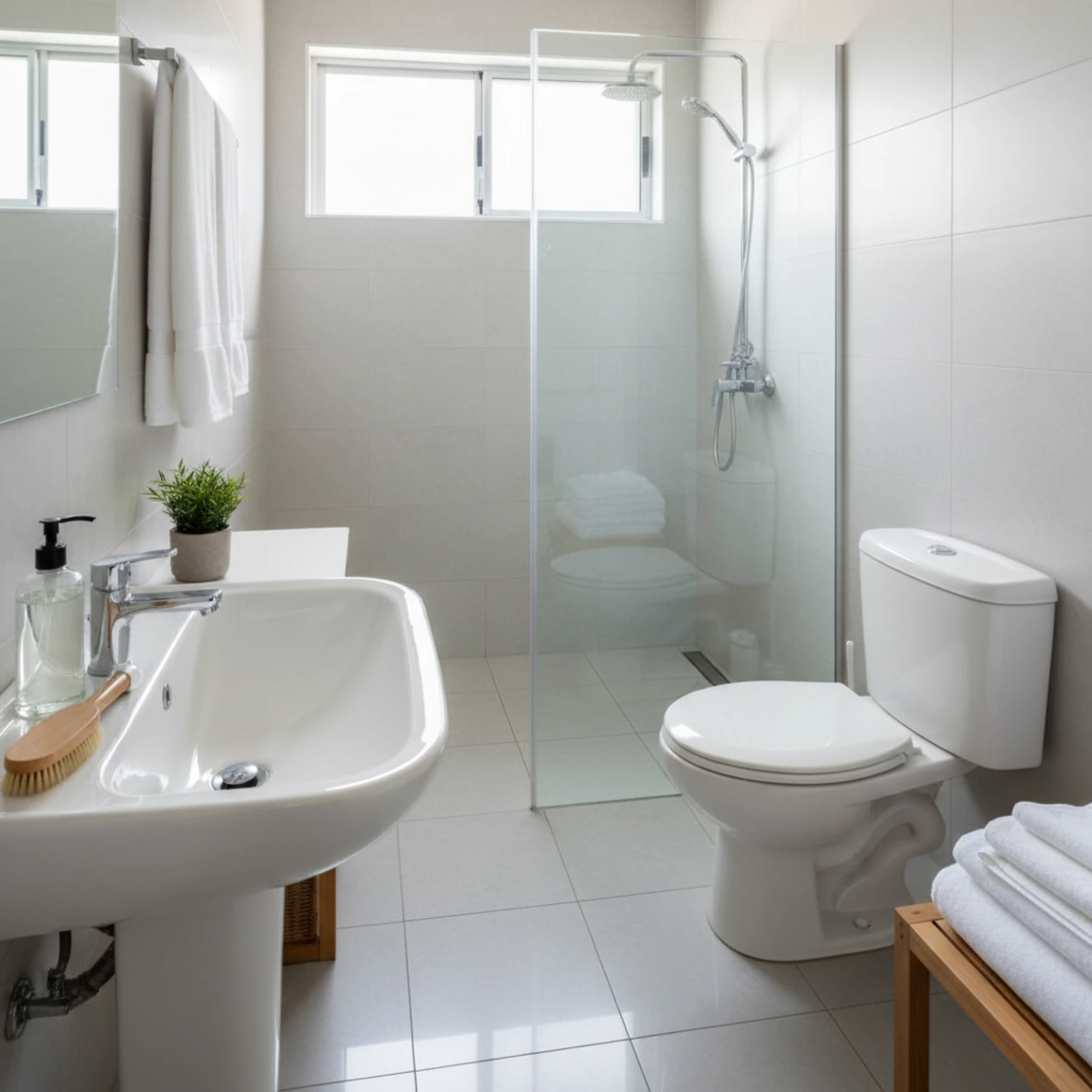 A bright and immaculately clean modern bathroom with sparkling white tiles, a glass shower, and pristine fixtures, showcasing the professional results of a Bathroom Cleaning Service .