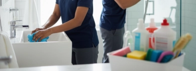 Two professional cleaners diligently cleaning a modern bathroom, one scrubbing the sink and the other cleaning the glass shower door, illustrating Bathrooms .