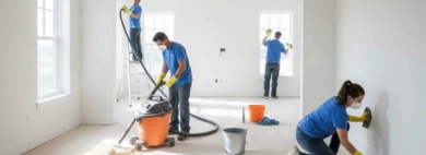 Professional team using a shop vacuum, ladders, and cloths to thoroughly clean dust from the walls and floors of a new bedroom after construction.