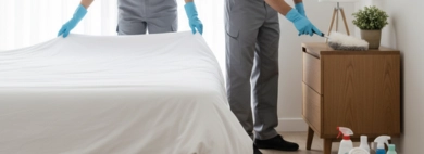 Professional team performing thorough Bedrooms, with one person making the bed with fresh linens and another dusting a bedside table in a bright, modern short-term rental bedroom.