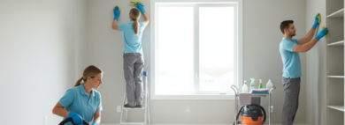 A dedicated team providing comprehensive Bedrooms, with one person vacuuming the carpet, another cleaning windows, and a third meticulously dusting shelves in an empty bedroom.