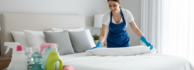 A smiling cleaner, wearing a blue apron and gloves, neatly makes a bed in a bright bedroom, showcasing professional bedrooms cleaning services.