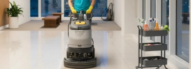A professional cleaner uses a large floor scrubbing machine for the deep cleaning of common walkways in a modern building lobby after hours.