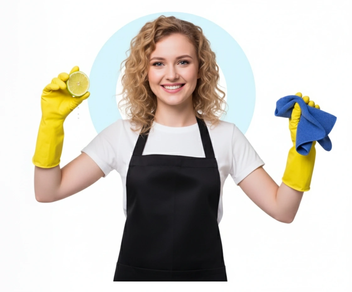 A friendly professional offering cleaning services, smiling while holding a fresh lime and a blue microfiber cloth to represent a fresh, clean home.