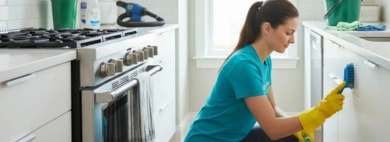 Professional cleaner performing a deep cleaning service in a kitchen, carefully scrubbing a white cabinet with a brush to remove grime.