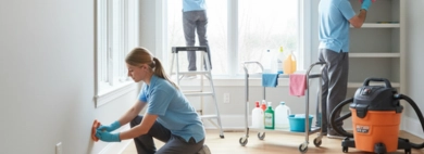 A diligent crew performing thorough Dining Room, with one cleaner wiping baseboards, another washing large windows, and a third dusting built-in shelves in an empty dining area.