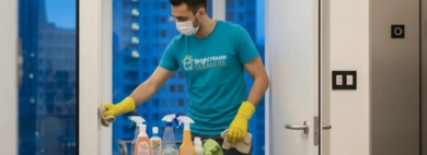 A professional cleaner in a mask meticulously uses a cloth to disinfect high-touch surfaces, focusing on a door handle and light switch in an office hallway.