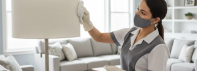 A uniformed professional cleaner carefully dusting a large lampshade in a clean, modern living room, showcasing specialized Dust Lamp Shades Cleaning services.