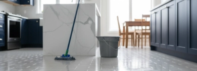 Gleaming hardwood floor and pristine white subway tiles in a modern kitchen, the result of a thorough Floor & Tile Deep Cleaning.