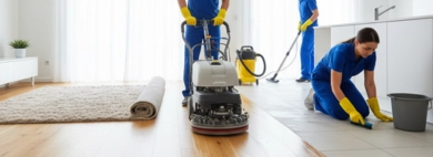 A professional cleaner in uniform and gloves actively scrubbing a tiled kitchen floor with a brush, symbolizing a thorough and detailed Floor (Deep Cleaning) service, with cleaning equipment nearby.