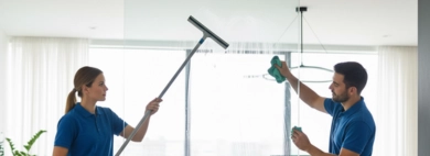 Two uniformed professionals perform glass partitions cleaning in a modern home. One technician uses a long-handled squeegee, while the other cleans with cloths, ensuring sparkling clear glass in a stylish living area.