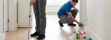 Two professional cleaners performing meticulous cleaning in the bright Hallways, one mopping the wooden floor and the other wiping down baseboards.