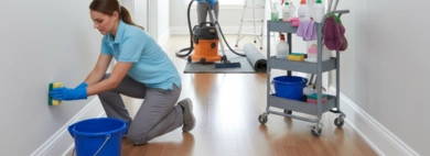 A dedicated team providing comprehensive Hallways, with one cleaner scrubbing walls, another vacuuming the floor, and a third dusting high corners to ensure every detail is pristine.