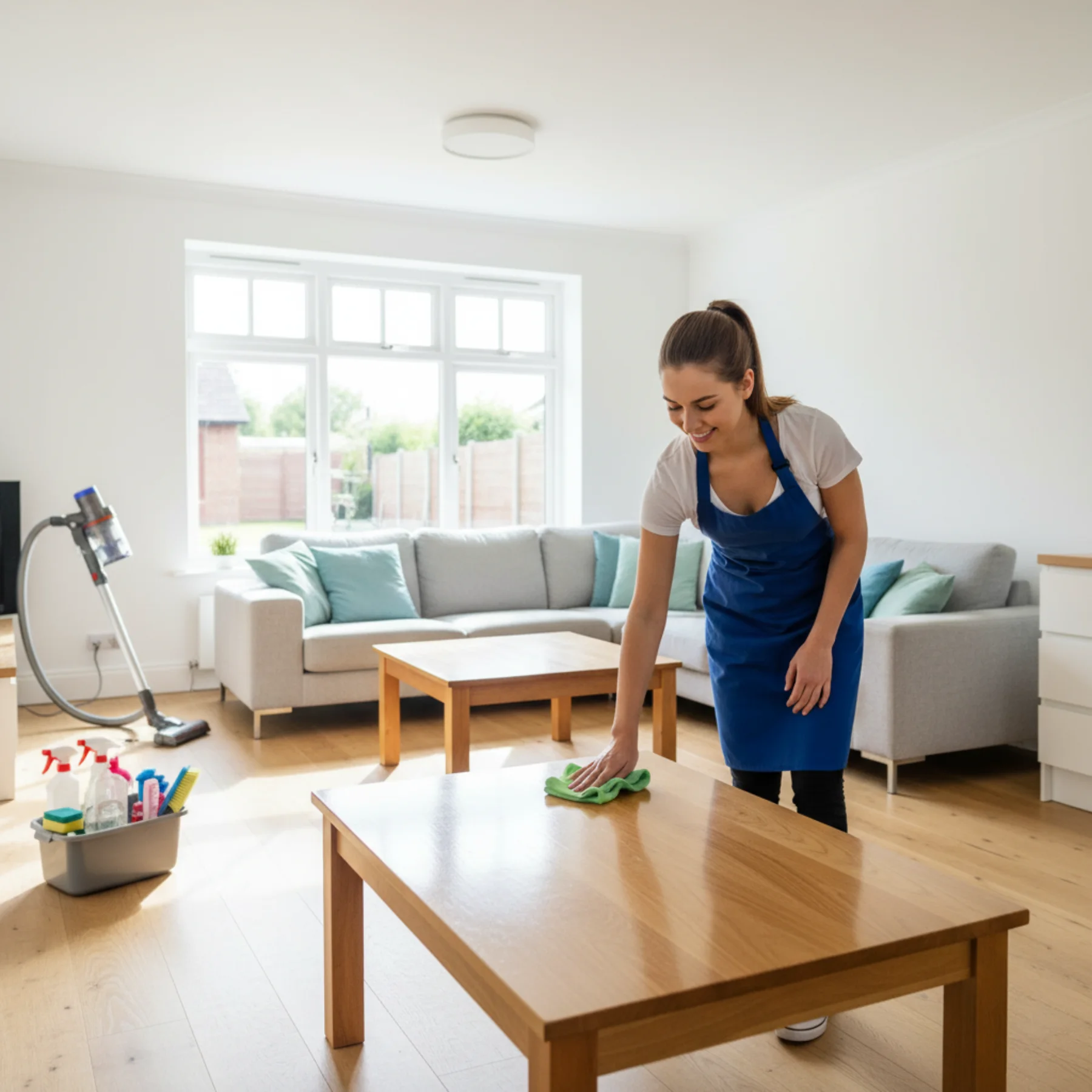 A friendly professional from a home cleaning service, wearing a blue apron, smiles while wiping down a wooden coffee table in a sunny, tidy living room.