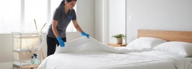 Professional cleaner in blue gloves making a bed with fresh white linens, signifying quality home cleaning service.