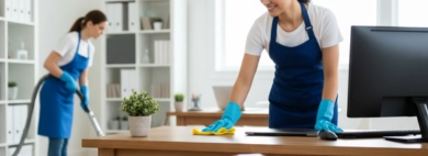Two smiling cleaners, wearing blue aprons and gloves, performing home offices cleaning, one vacuuming while the other wipes a desk with a computer monitor.