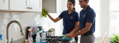 Two professional cleaners meticulously cleaning a modern Kitchen as part of an Apartment Cleaning Service, one wiping cabinets and the other scrubbing a stovetop.