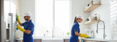 A dedicated cleaning crew performing a thorough Kitchen service in a bright, modern residential kitchen, with individuals cleaning appliances, scrubbing floors, and wiping down countertops.