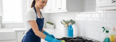 A smiling woman, wearing a blue apron and gloves, diligently performing kitchen cleaning by wiping down a stainless steel gas range in a bright, modern kitchen.