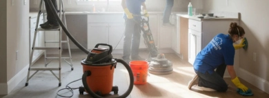Four professionals in masks cleaning a new kitchen, performing floor polishing, duct vacuuming, and wiping down cabinets as part of a post-construction service.