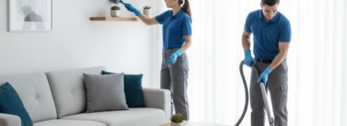 Professional team providing thorough Living Room, with one person dusting shelves and another vacuuming the rug in a bright, modern short-term rental living space.
