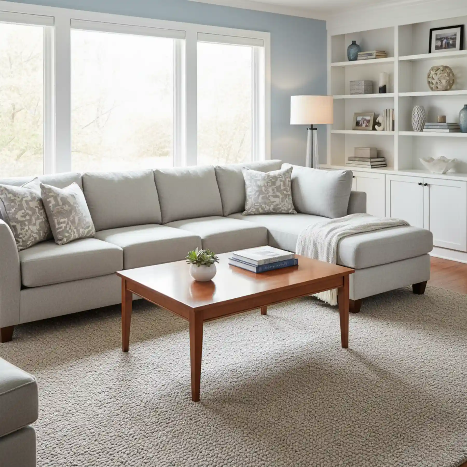 Clean, bright, and professionally tidied living room with a grey sectional sofa, wooden coffee table, and organized built-in bookshelves, emphasizing professional Living Room Cleaning services.
