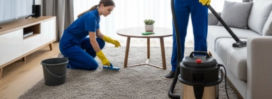 A two-person cleaning team diligently performing a Living Room service, with one individual vacuuming the sofa and the other scrubbing the carpet, in a modern and tidy living space.