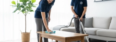 Two professional cleaners performing Living Rooms Cleaning, one vacuuming the rug and the other wiping down a coffee table in a bright, modern living space.
