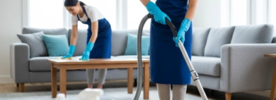 Two smiling cleaners, wearing blue aprons and gloves, diligently working in a spacious living room, one vacuuming and the other dusting, representing professional living rooms cleaning services.