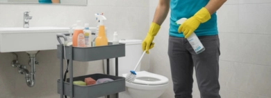 As part of a professional service to clean bathrooms, a uniformed cleaner in a mask meticulously disinfects a commercial toilet with a brush and spray.