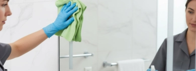 A gloved hand uses a soft cloth to polish a chrome faucet, reflecting the sparkling clean mirror in the background, to showcase Mirror and Fixture Polishing.