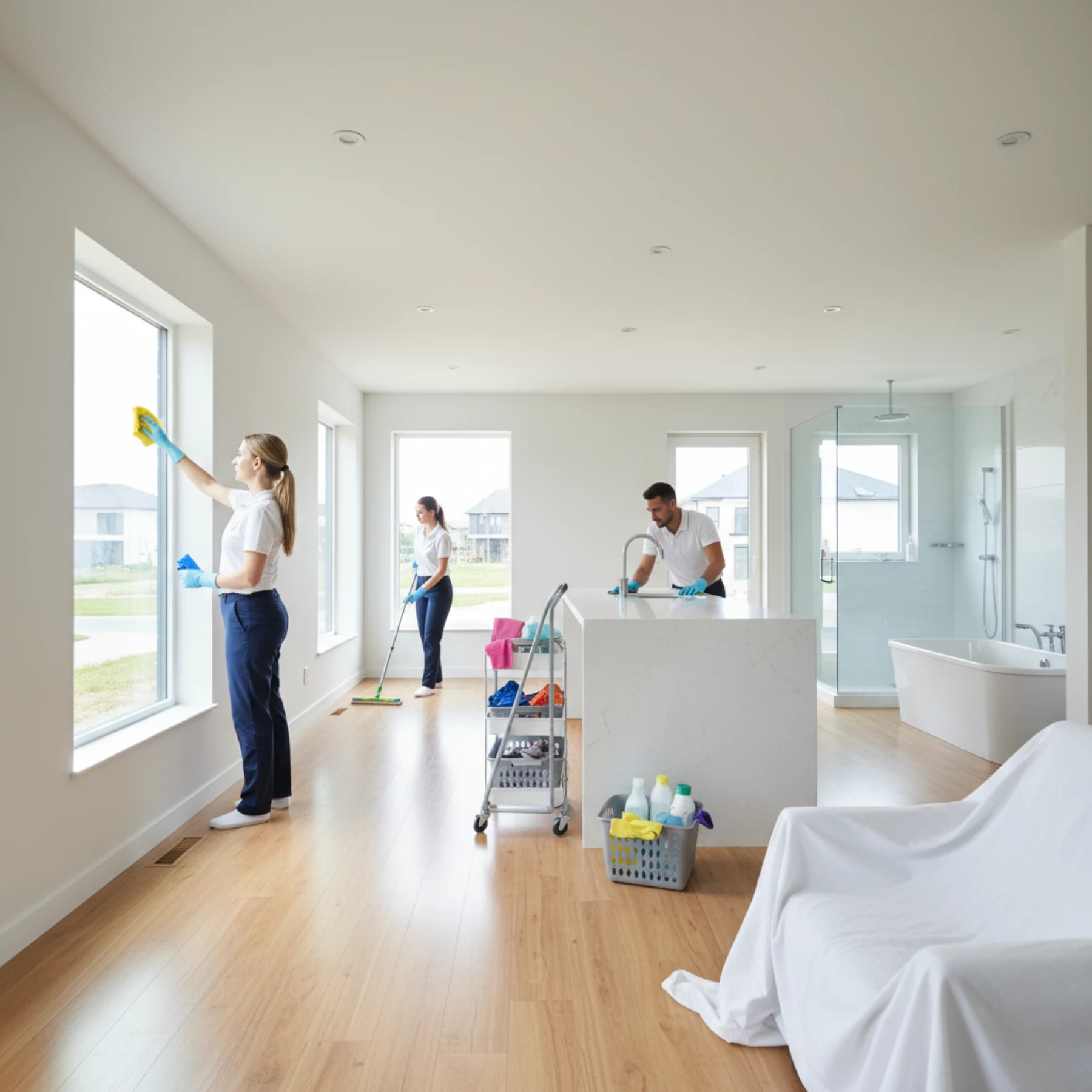 Move In / Move Out Cleaning service team meticulously cleaning a bright, empty, modern apartment, with one person washing a window, another mopping the floor, and a third cleaning the kitchen counter.