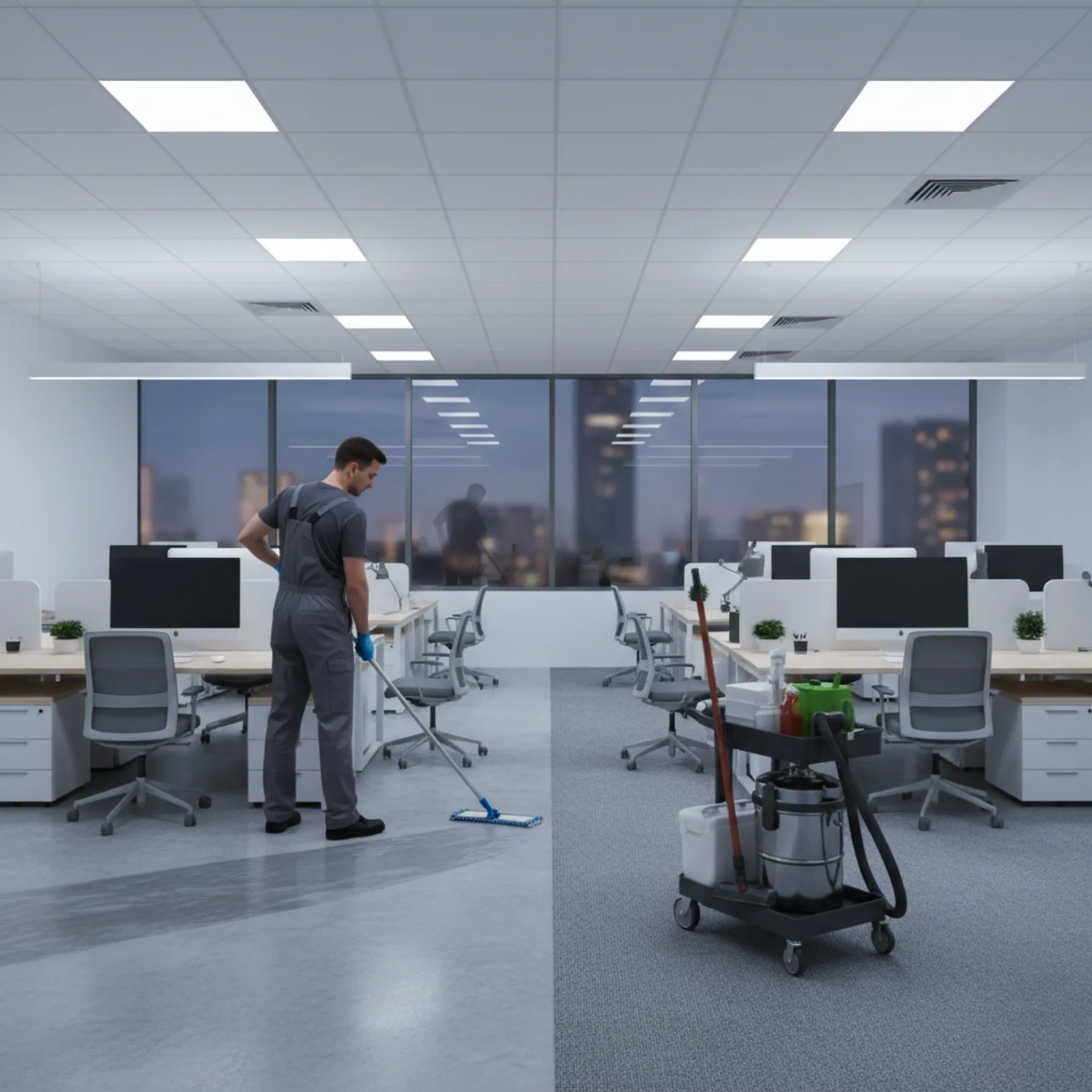 A professional male cleaner in a company uniform meticulously wipes down a large conference table in a bright, modern corporate environment, showcasing a high-quality Office Cleaning Service.