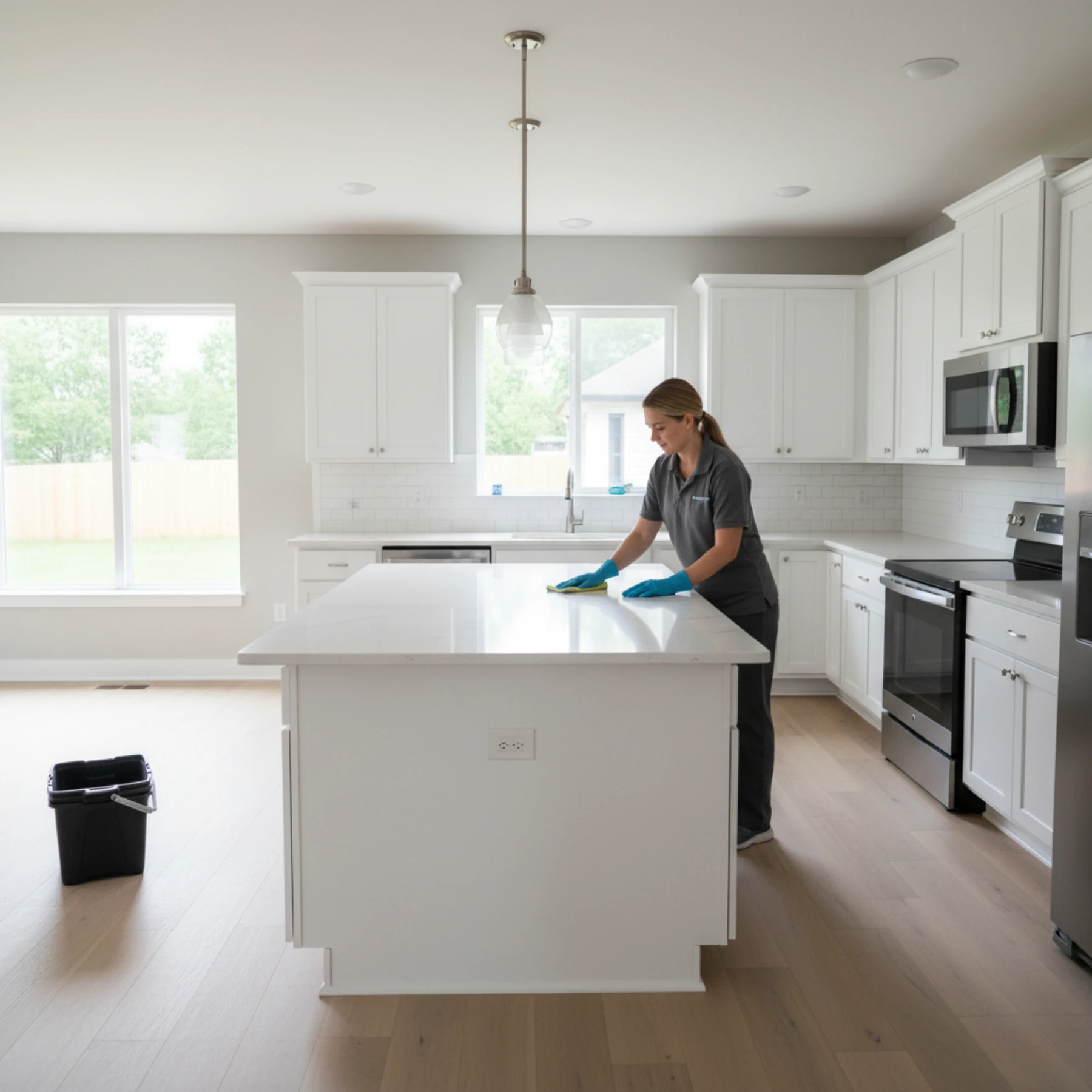 A cleaning professional wearing a hard hat meticulously removes heavy construction dust from a window frame, demonstrating a Post Construction Cleaning Service that makes a new home move-in ready.