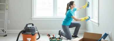 A professional cleaner performs a post construction cleaning by wiping down a new window in a room covered with sawdust and debris.
