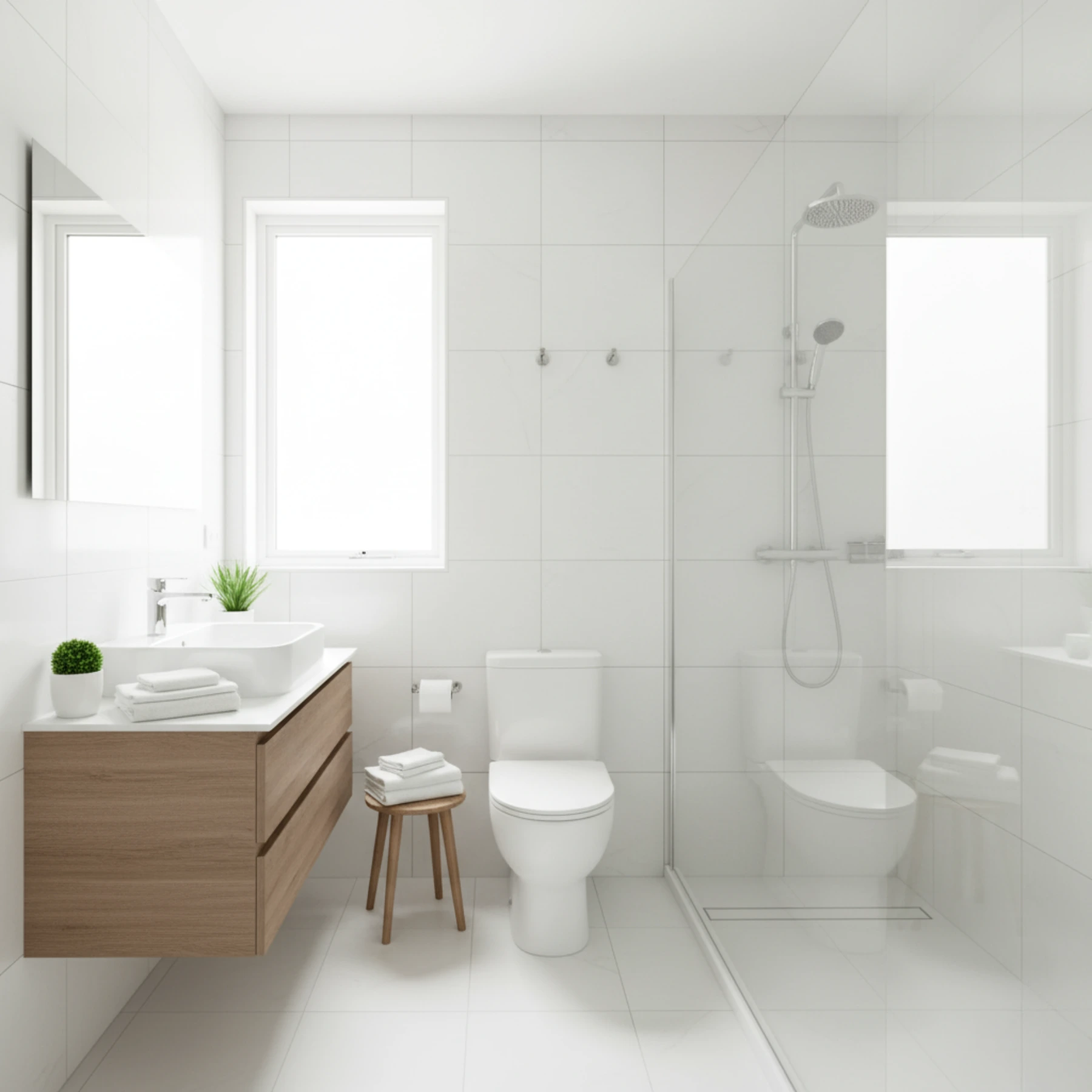 A bright and immaculately clean residential bathroom with a spotless sink, toilet, and glass shower, representing a professional Bathroom Cleaning Service.