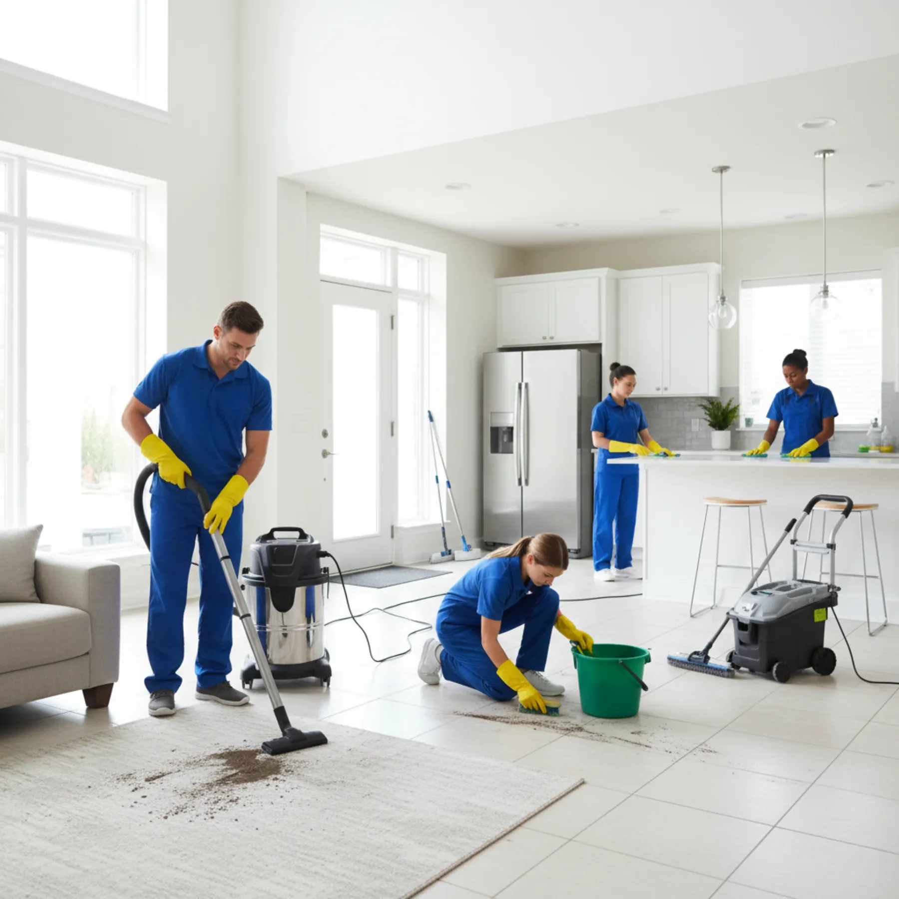 A professional cleaning team in blue uniforms providing a comprehensive Professional Deep Cleaning Service in a modern home kitchen, with members cleaning the floors, cabinets, and appliances.