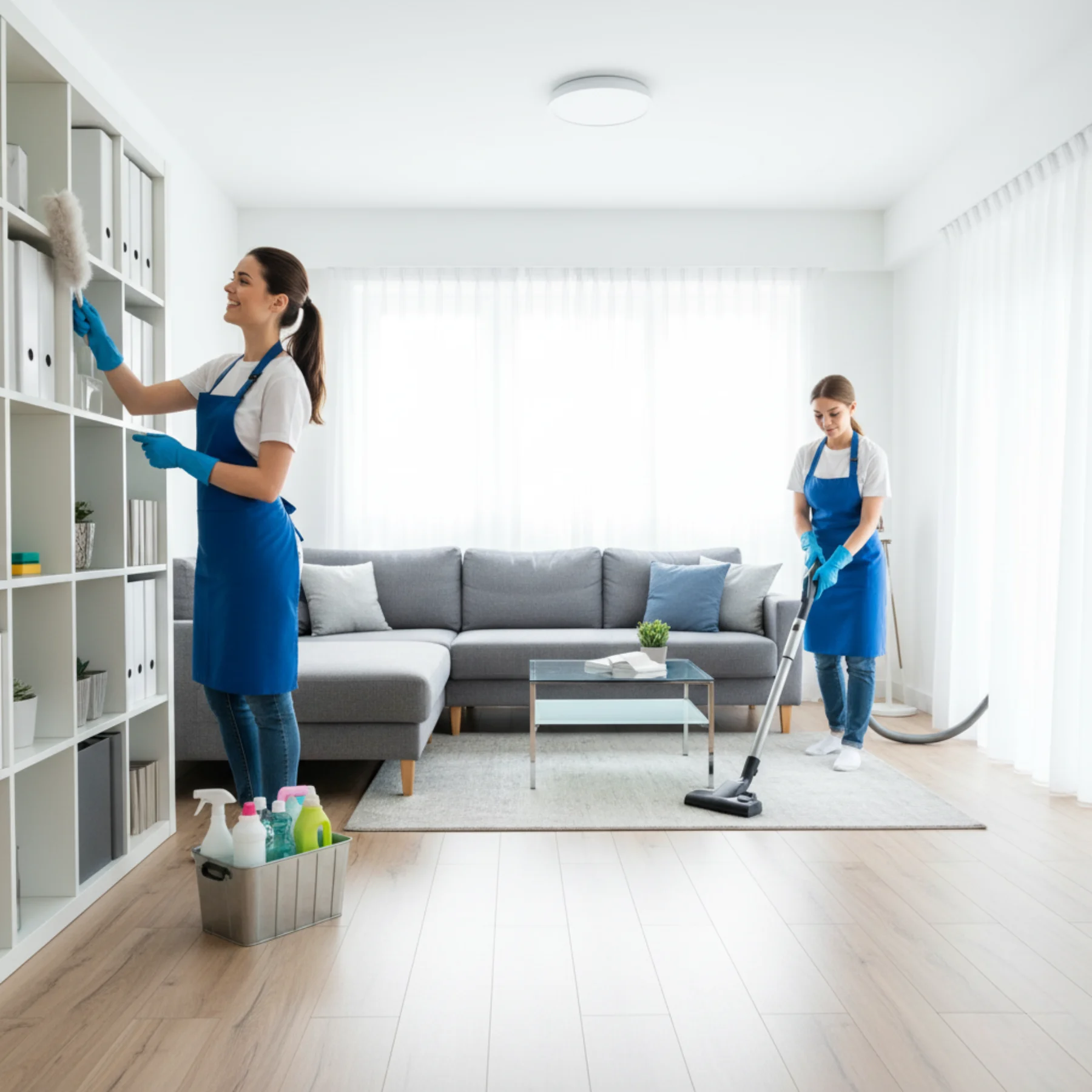 A smiling cleaner in a blue apron, representing a professional home cleaning service, carefully wipes a wooden coffee table in a bright and modern living room.