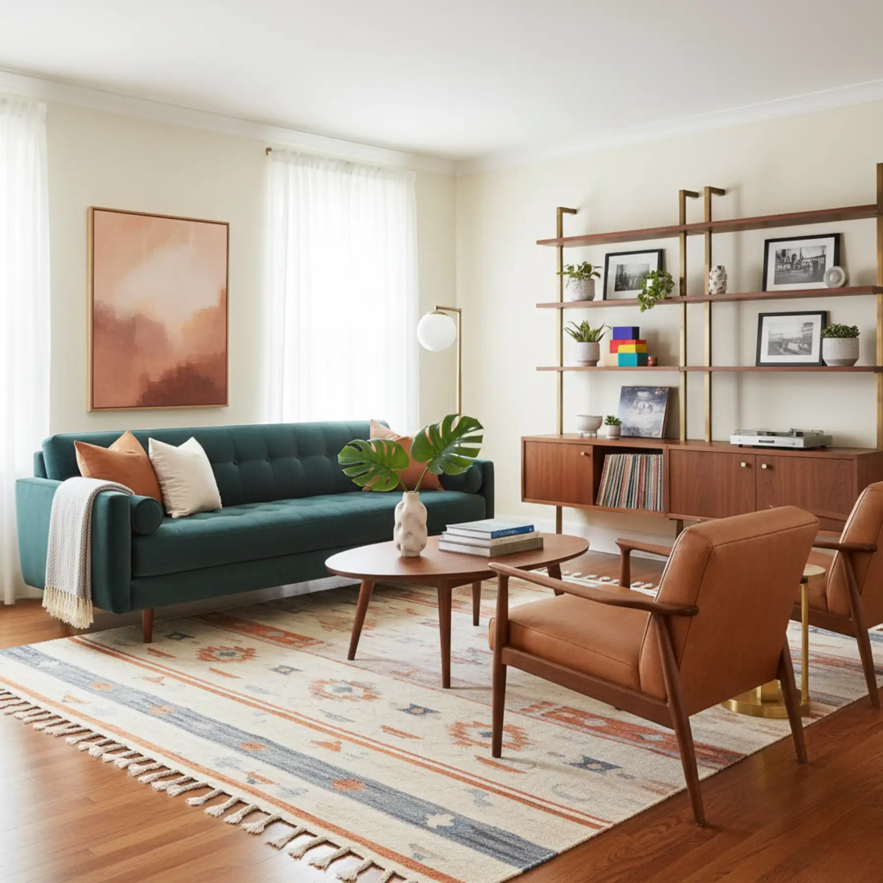 Bright, meticulously organized living room featuring a clean grey sectional couch, tidy wooden coffee table, and spotless built-in white bookshelves, showcasing the results of a Professional Living Room Cleaning service.