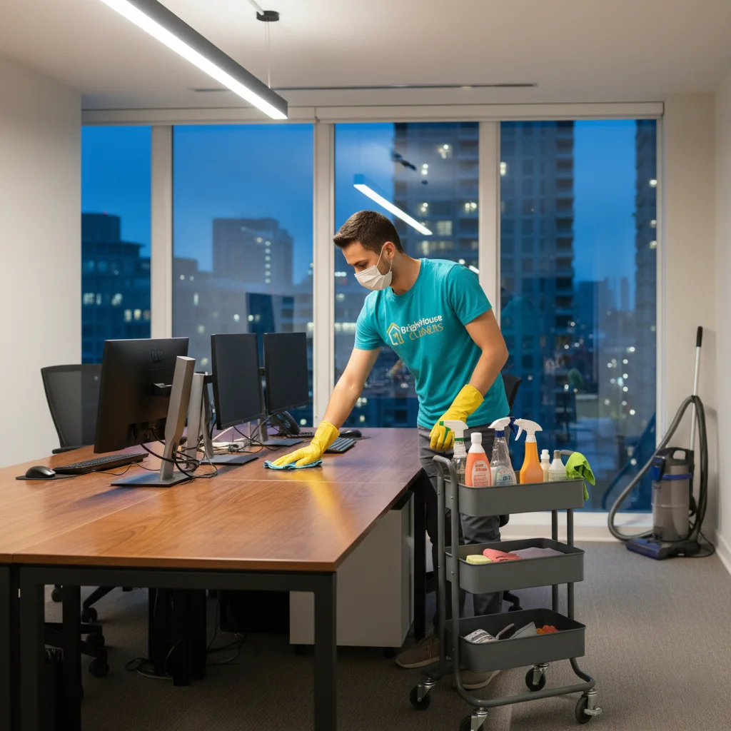 A professional office cleaning service in action, with a uniformed cleaner in a mask and gloves disinfecting a workstation in a modern city office after hours.